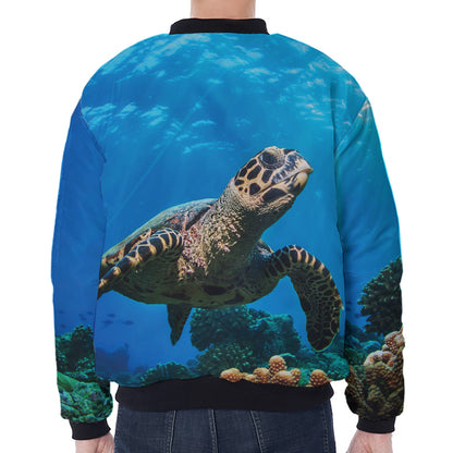 Sea Turtle Underwater Print Zip Sleeve Bomber Jacket