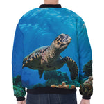 Sea Turtle Underwater Print Zip Sleeve Bomber Jacket