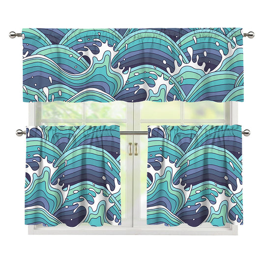 Sea Wave Surfing Pattern Print 3 Piece Kitchen Curtains