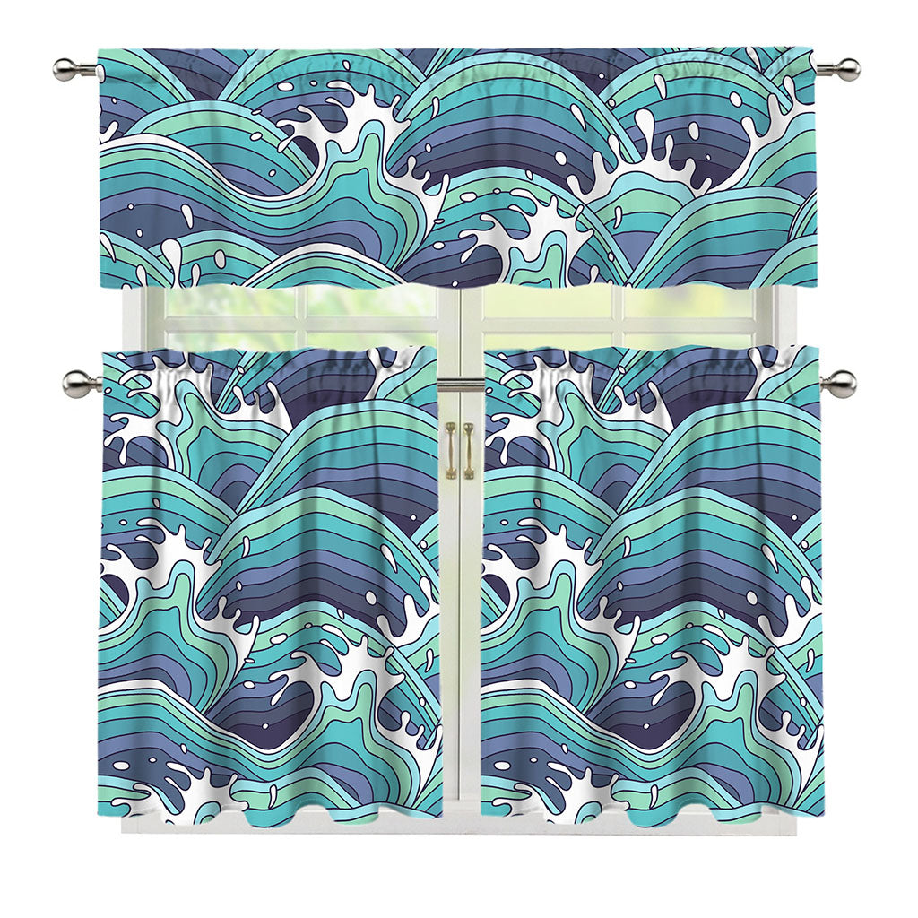 Sea Wave Surfing Pattern Print 3 Piece Kitchen Curtains