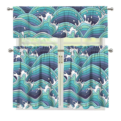Sea Wave Surfing Pattern Print 3 Piece Kitchen Curtains