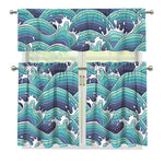Sea Wave Surfing Pattern Print 3 Piece Kitchen Curtains