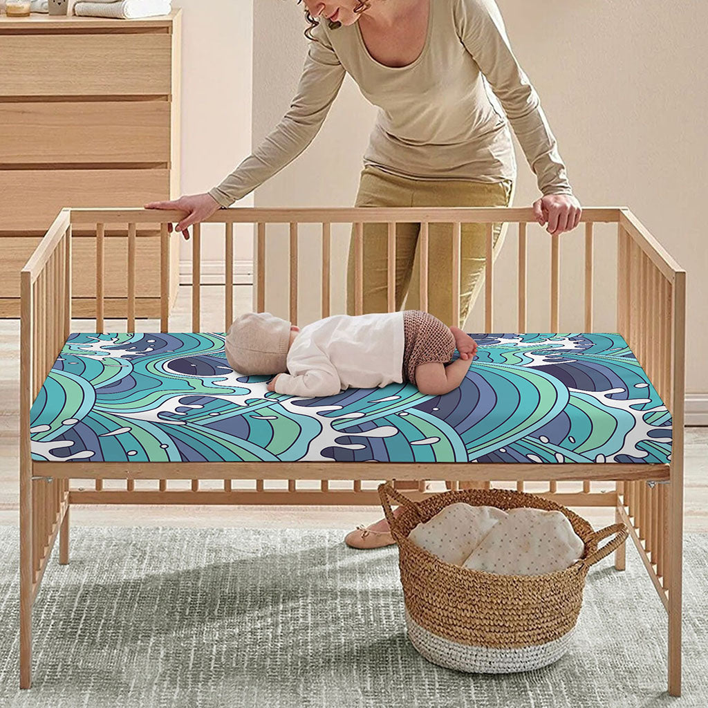 Sea Wave Surfing Pattern Print Baby Crib Sheet