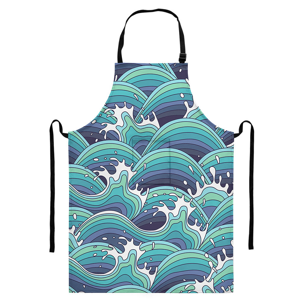 Sea Wave Surfing Pattern Print Bib Apron With Pocket