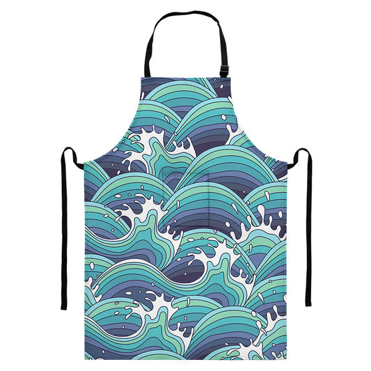 Sea Wave Surfing Pattern Print Bib Apron With Pocket