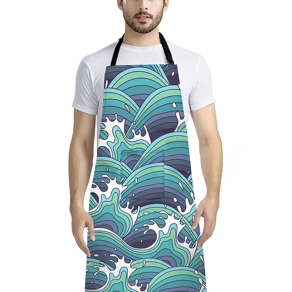 Sea Wave Surfing Pattern Print Bib Apron With Pocket