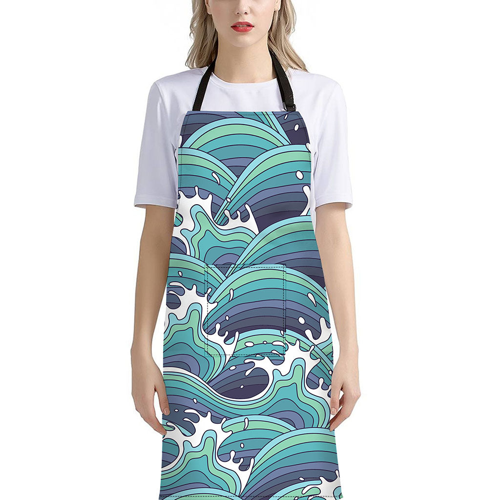 Sea Wave Surfing Pattern Print Bib Apron With Pocket