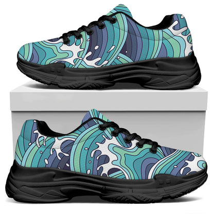 Sea Wave Surfing Pattern Print Black Chunky Shoes