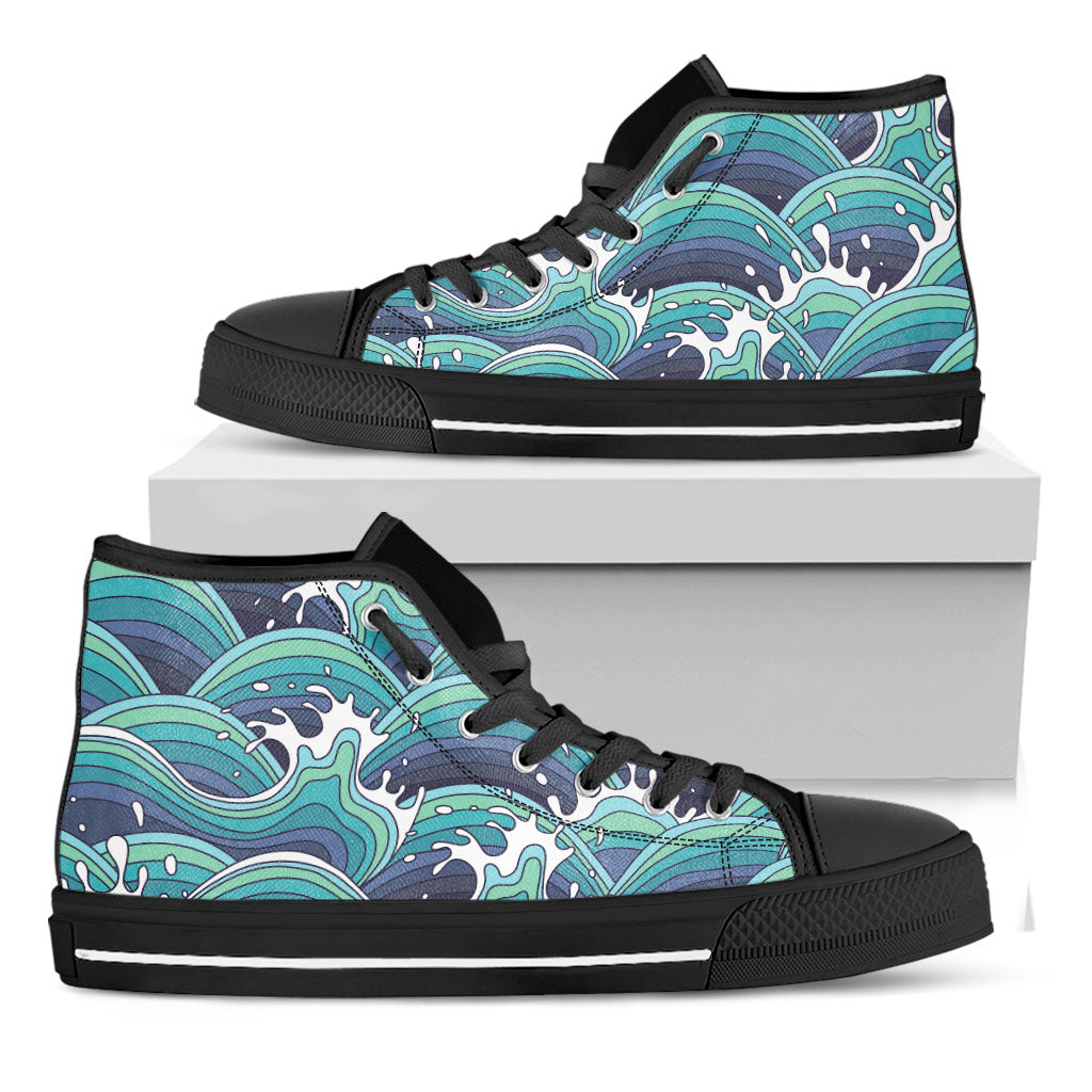 Sea Wave Surfing Pattern Print Black High Top Sneakers