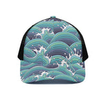 Sea Wave Surfing Pattern Print Black Mesh Trucker Cap