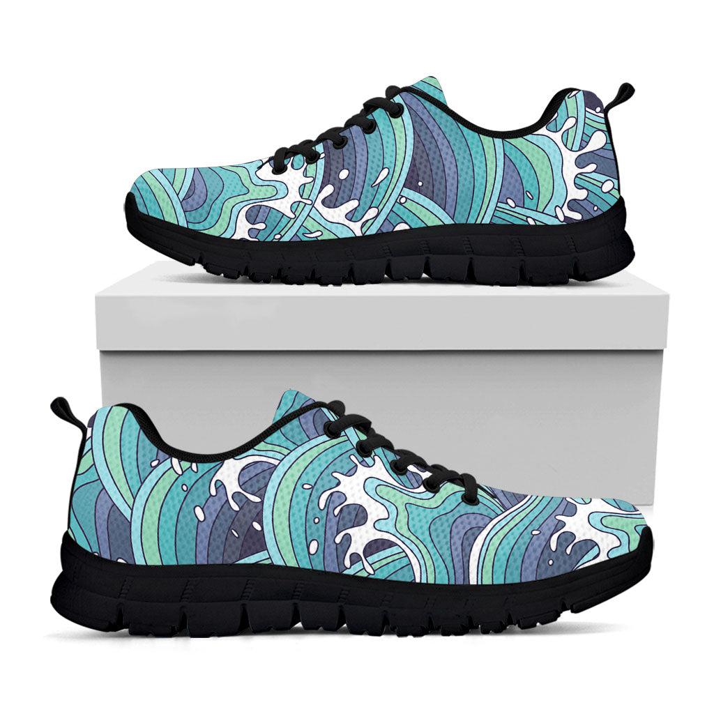 Sea Wave Surfing Pattern Print Black Running Shoes
