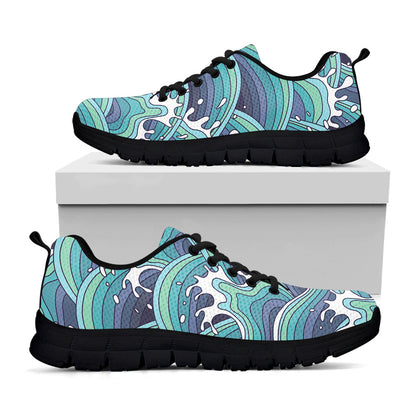 Sea Wave Surfing Pattern Print Black Running Shoes