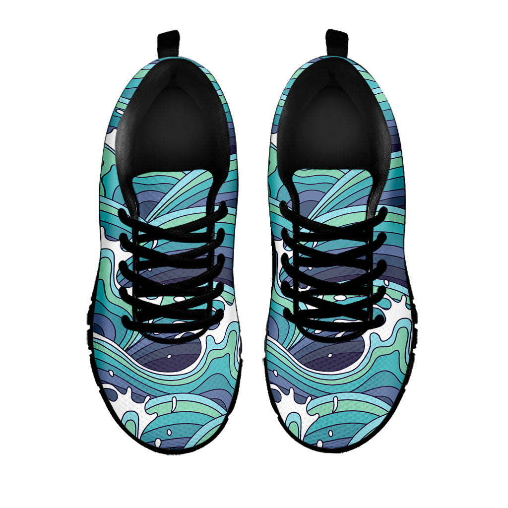 Sea Wave Surfing Pattern Print Black Running Shoes