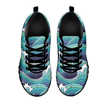 Sea Wave Surfing Pattern Print Black Running Shoes