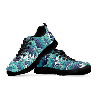 Sea Wave Surfing Pattern Print Black Running Shoes