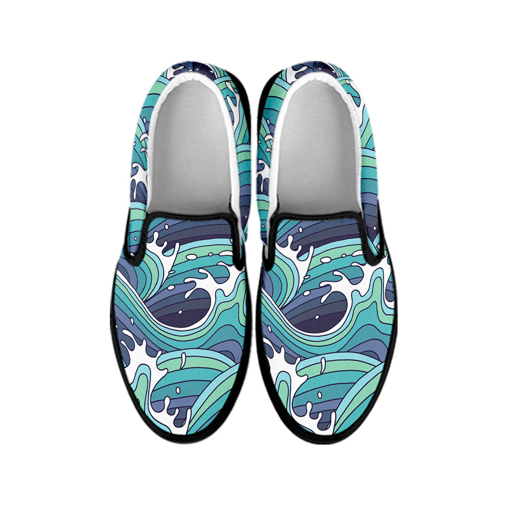 Sea Wave Surfing Pattern Print Black Slip On Sneakers