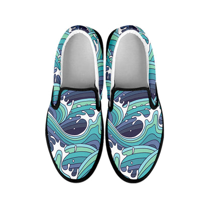 Sea Wave Surfing Pattern Print Black Slip On Sneakers