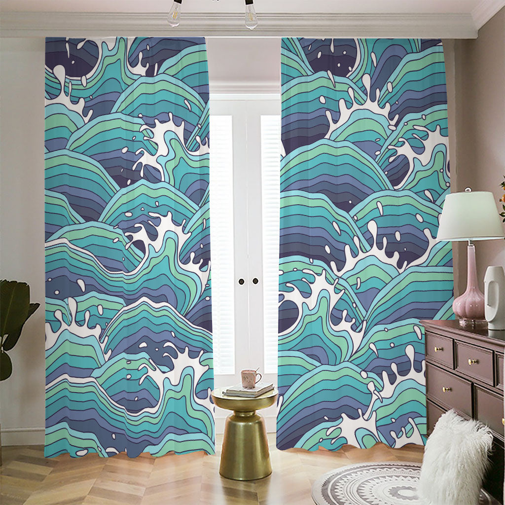 Sea Wave Surfing Pattern Print Blackout Pencil Pleat Curtains