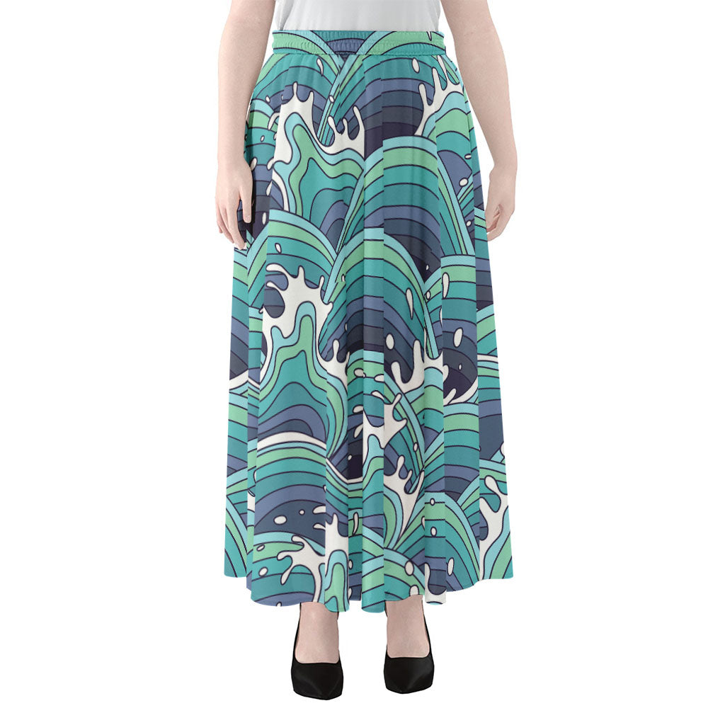 Sea Wave Surfing Pattern Print Chiffon Maxi Skirt