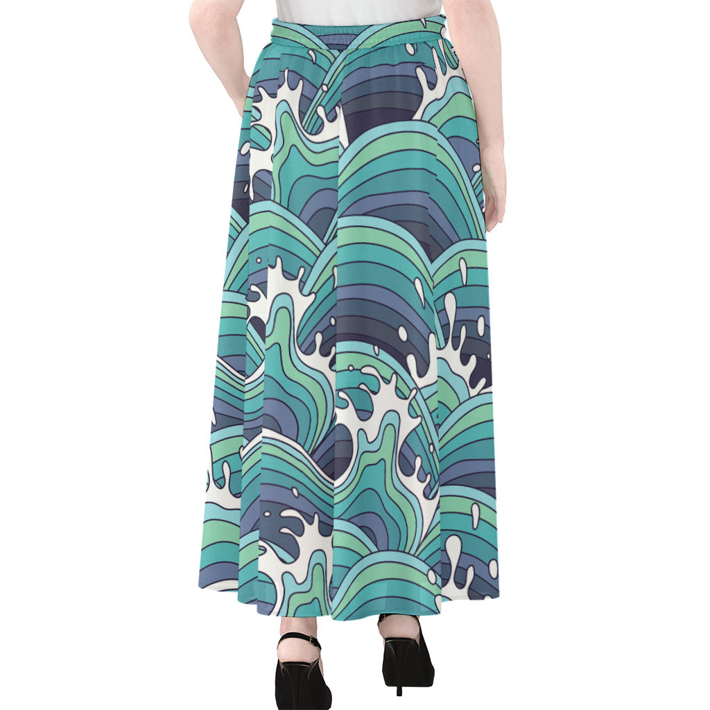 Sea Wave Surfing Pattern Print Chiffon Maxi Skirt