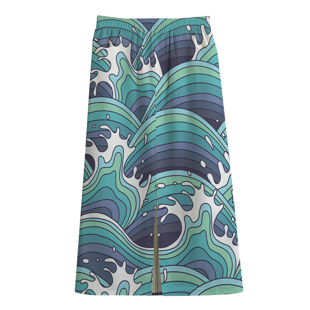Sea Wave Surfing Pattern Print Cotton Front Slit Maxi Skirt