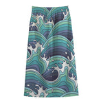 Sea Wave Surfing Pattern Print Cotton Front Slit Maxi Skirt