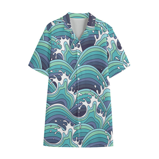 Sea Wave Surfing Pattern Print Cotton Hawaiian Shirt