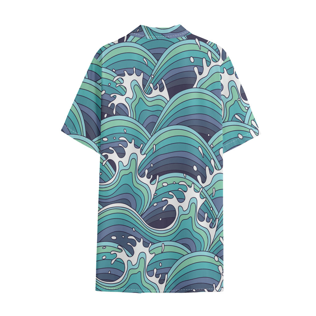 Sea Wave Surfing Pattern Print Cotton Hawaiian Shirt
