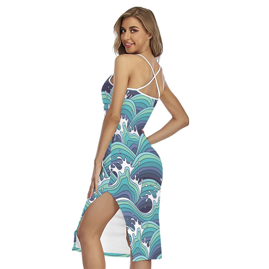 Sea Wave Surfing Pattern Print Cross Back Cami Dress