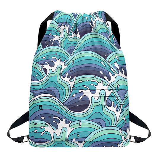 Sea Wave Surfing Pattern Print Drawstring Backpack
