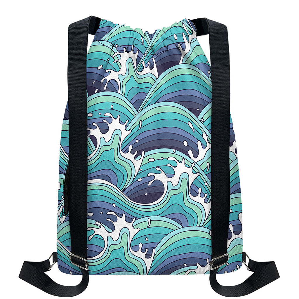 Sea Wave Surfing Pattern Print Drawstring Backpack