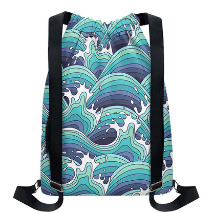 Sea Wave Surfing Pattern Print Drawstring Backpack