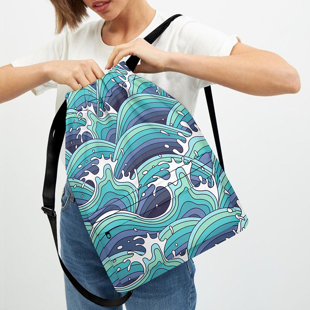 Sea Wave Surfing Pattern Print Drawstring Backpack
