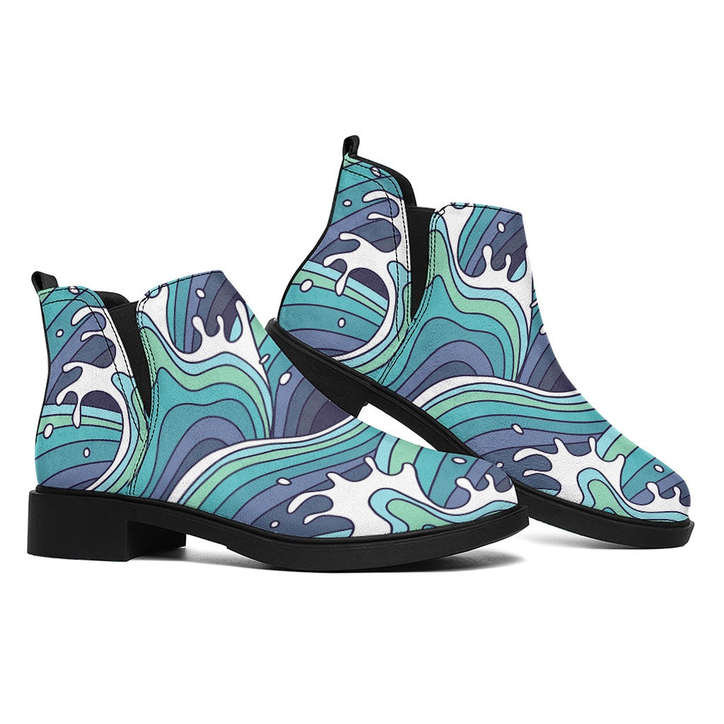 Sea Wave Surfing Pattern Print Flat Ankle Boots