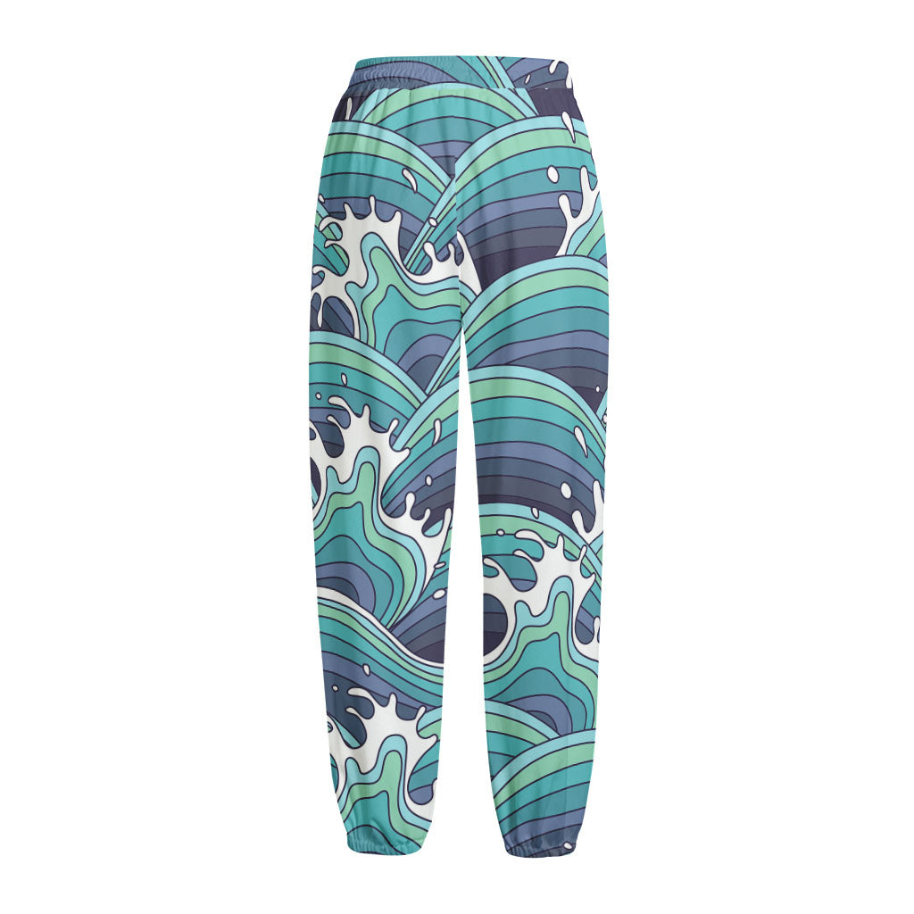 Sea Wave Surfing Pattern Print Fleece Lined Knit Pants