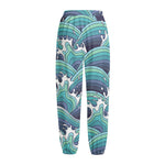 Sea Wave Surfing Pattern Print Fleece Lined Knit Pants