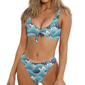 Sea Wave Surfing Pattern Print Front Bow Tie Bikini