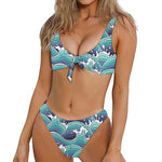 Sea Wave Surfing Pattern Print Front Bow Tie Bikini