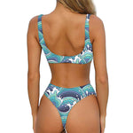 Sea Wave Surfing Pattern Print Front Bow Tie Bikini
