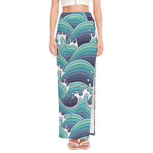 Sea Wave Surfing Pattern Print High Slit Maxi Skirt