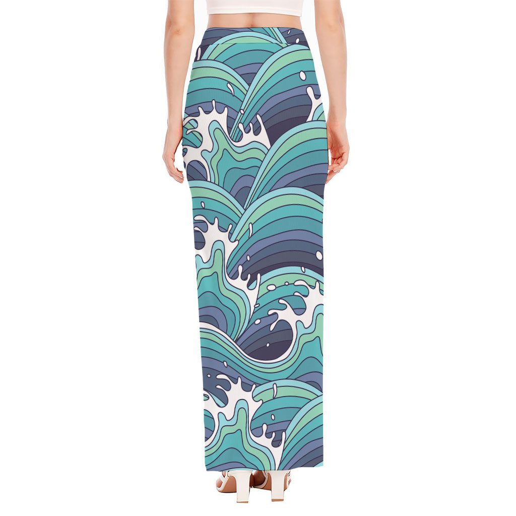 Sea Wave Surfing Pattern Print High Slit Maxi Skirt