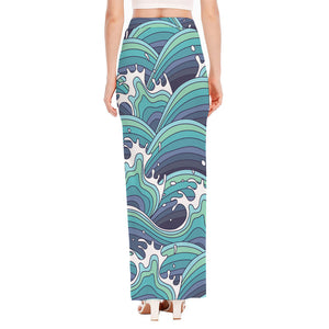 Sea Wave Surfing Pattern Print High Slit Maxi Skirt