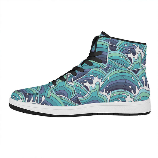 Sea Wave Surfing Pattern Print High Top Leather Sneakers