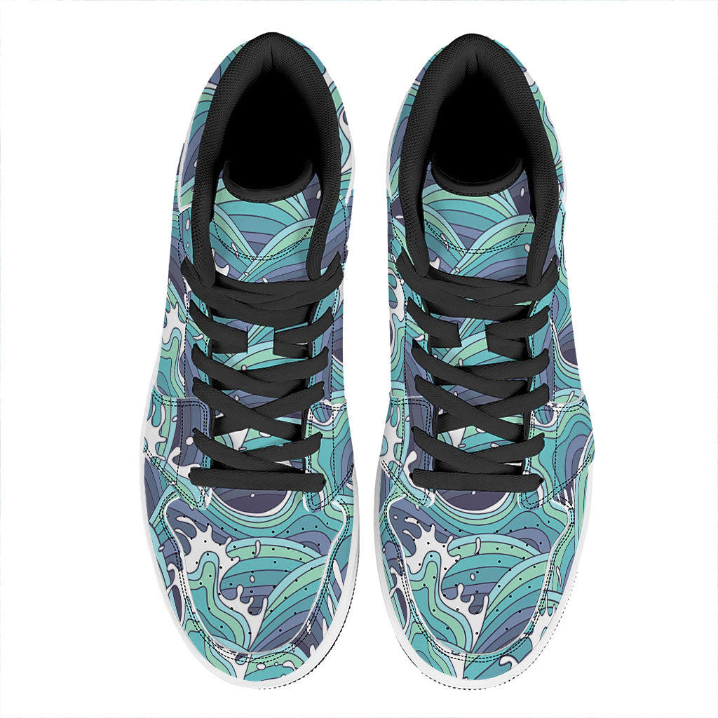 Sea Wave Surfing Pattern Print High Top Leather Sneakers