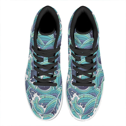 Sea Wave Surfing Pattern Print High Top Leather Sneakers