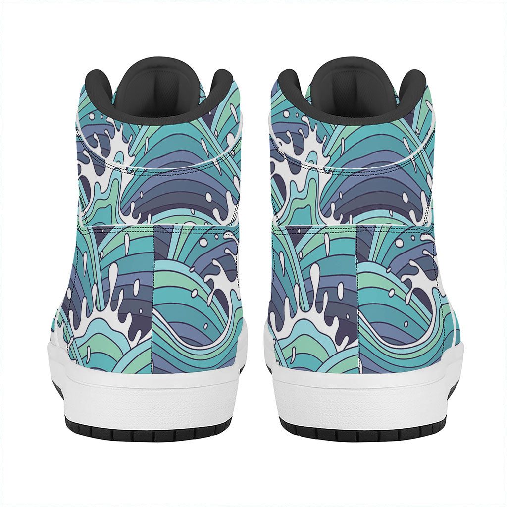 Sea Wave Surfing Pattern Print High Top Leather Sneakers