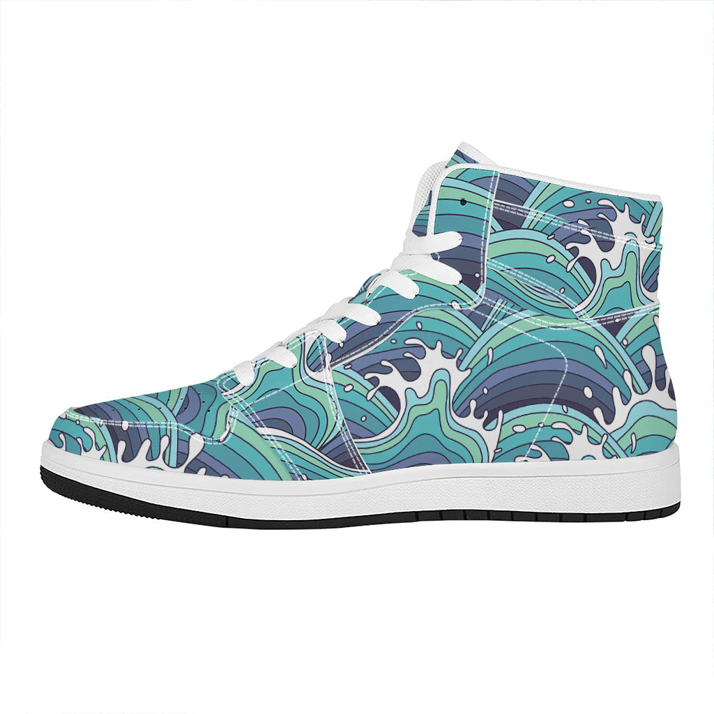 Sea Wave Surfing Pattern Print High Top Leather Sneakers
