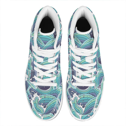Sea Wave Surfing Pattern Print High Top Leather Sneakers