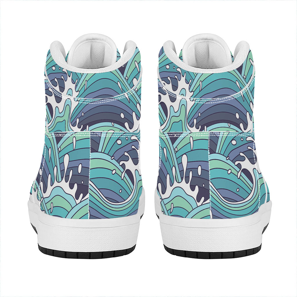 Sea Wave Surfing Pattern Print High Top Leather Sneakers
