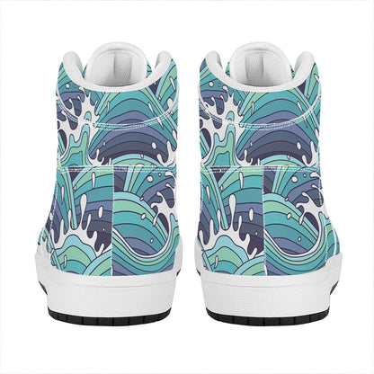 Sea Wave Surfing Pattern Print High Top Leather Sneakers